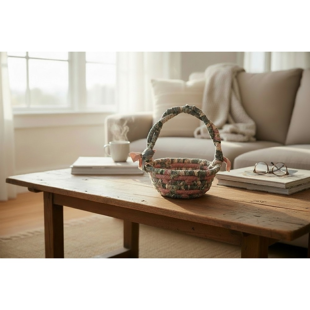 Handmade Coiled Fabric Rope Basket Pink Floral Cottagecore Decor with Bow Handle